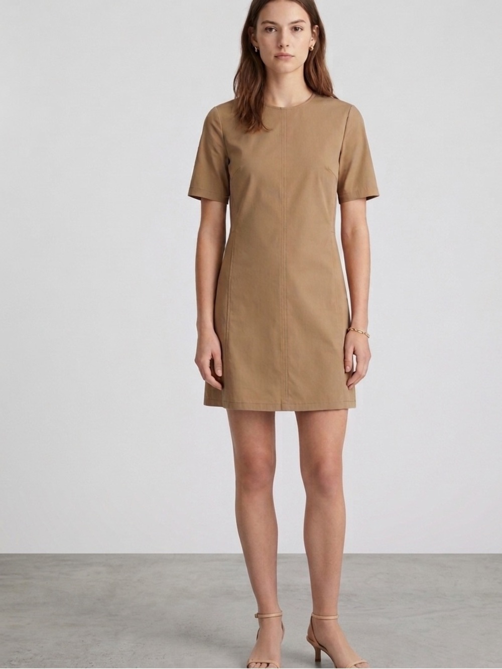 Theory Short Sleeve Structured Shift Dress Khaki Tan Cotton Blend Stretch Size 8
